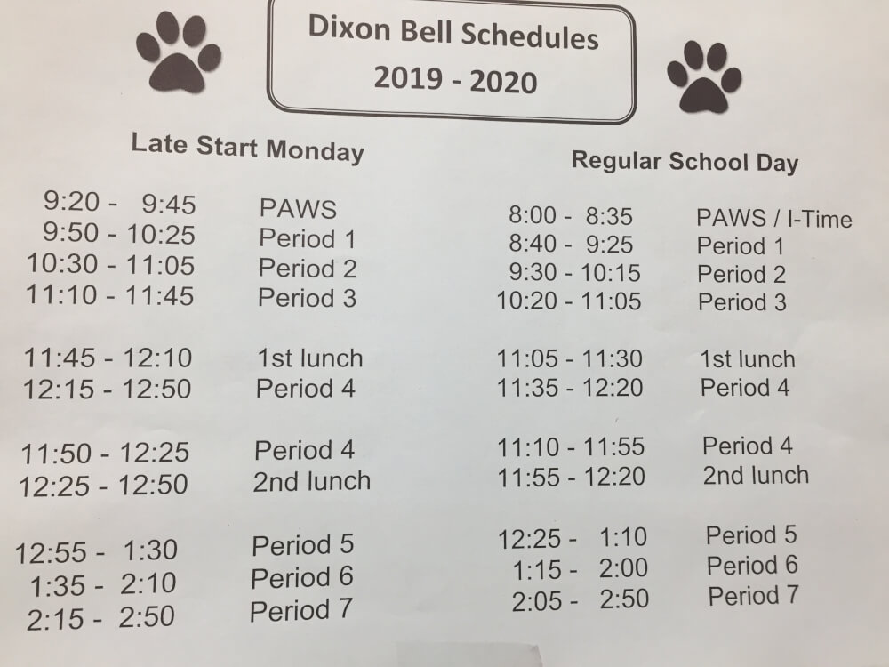 Bell Schedule | Dixon Middle School